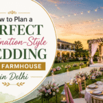 Destination-style wedding at a luxury farmhouse in Delhi with outdoor decor and elegant setup