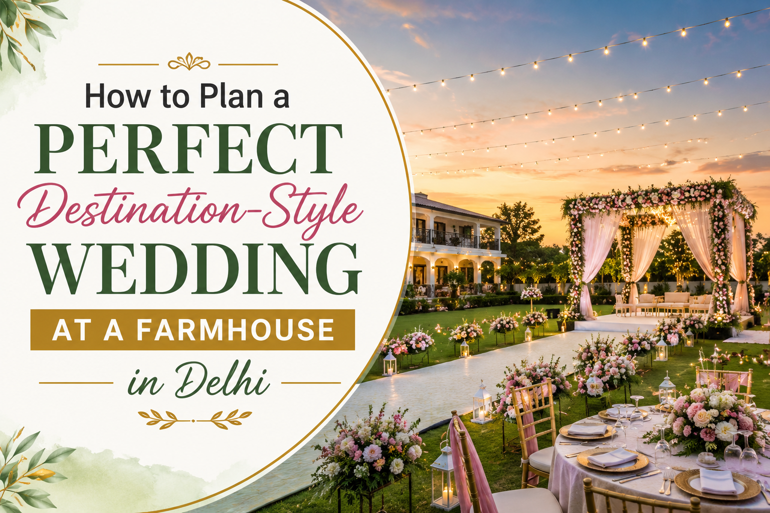 Destination-style wedding at a luxury farmhouse in Delhi with outdoor decor and elegant setup