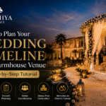 Luxury farmhouse wedding timeline guide featuring an elegant outdoor wedding venue, floral décor, ceremony setup, and Hridhya Farms branding.