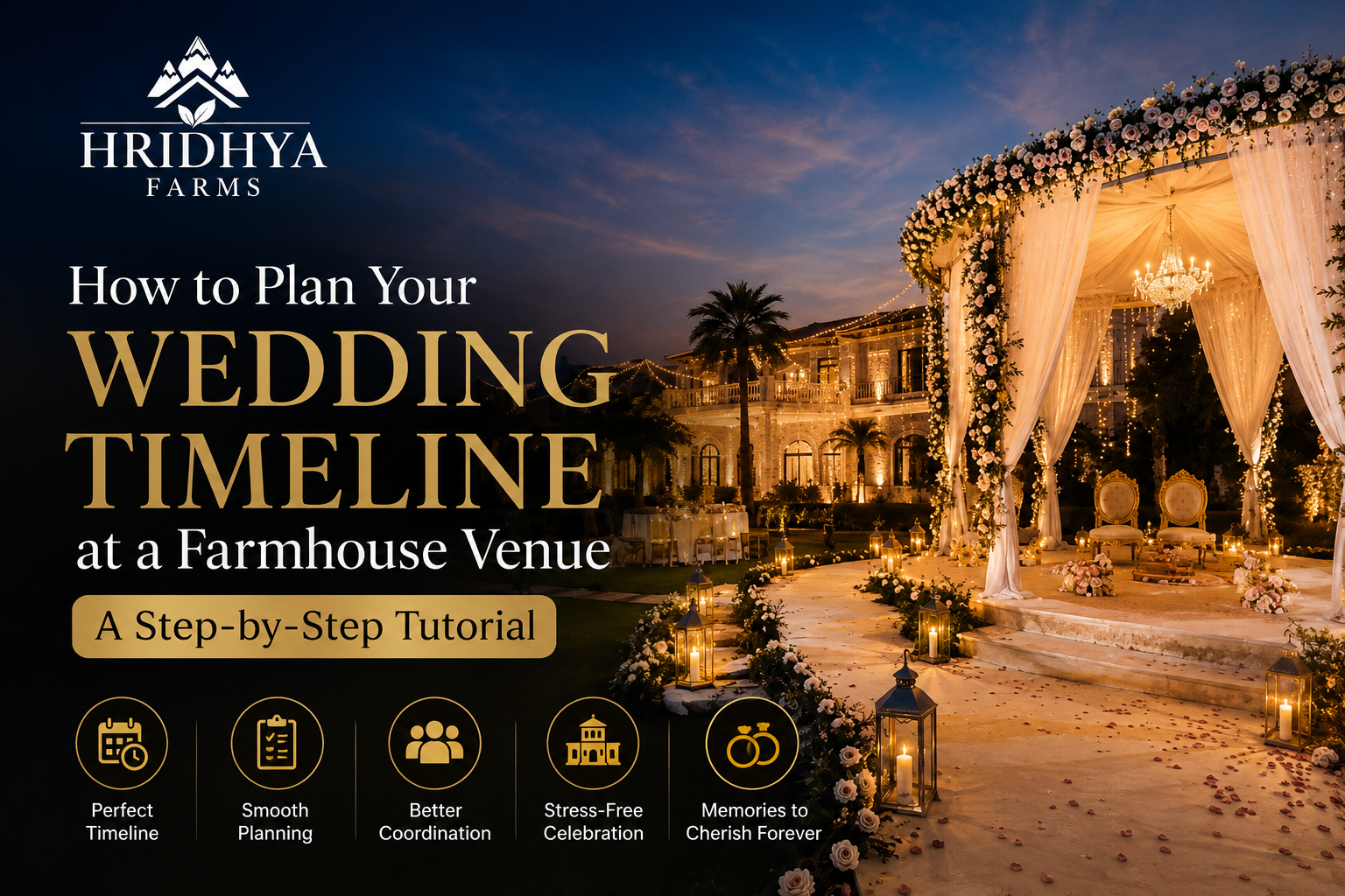 Luxury farmhouse wedding timeline guide featuring an elegant outdoor wedding venue, floral décor, ceremony setup, and Hridhya Farms branding.