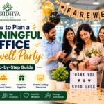 Office farewell party planning guide featuring colleagues celebrating with gifts, decorations, and farewell event ideas at Hridhya Farms.